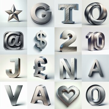 Brushed steel metal Lettering Typeface. AI generated illustration