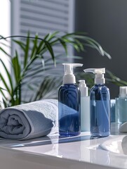 Poster - Close-up of stylish blue shampoo and conditioner bottles in a modern bathroom setting. Generative AI