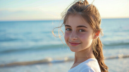 A young beautiful girl in a T-shirt on the beach against the background of the sea