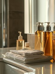 Aufkleber - Luxurious shampoo and conditioner bottles sit on a counter in a modern bathroom, reflecting sunlight. Generative AI