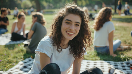 A young girl in a white T-shirt sits on a blanket in a summer sunny park