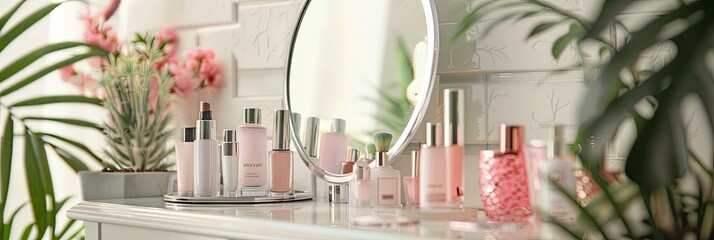 Poster - A tabletop mirror surrounded by various cosmetic products on a vanity in a bright and inviting bathroom. Generative AI