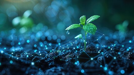 A growing plant in soil with a drop of water. Design in low poly style. Blue geometric background. Wireframe light connections