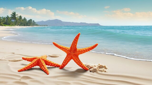 Summer poster background of starfish and palm leaf on beach
