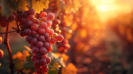 Wall Mural - Close-up of dew-covered grapes on a vine with sunlight filtering through, creating a bokeh effect