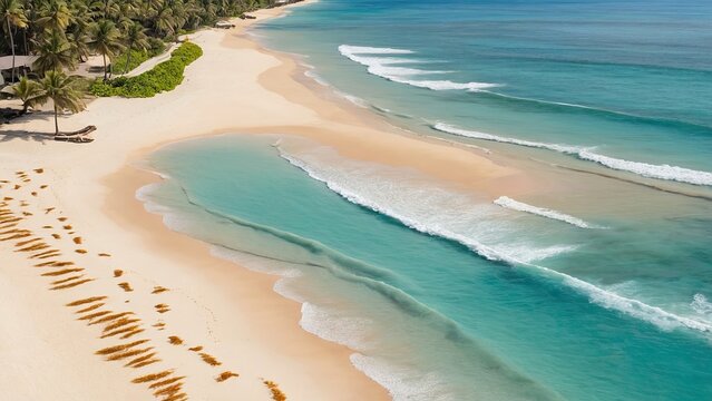 Summer poster background of starfish and palm leaf on beach
