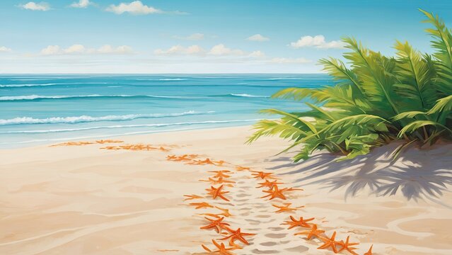 Summer poster background of starfish and palm leaf on beach