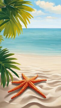 Summer poster background of starfish and palm leaf on beach