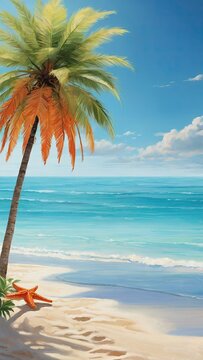 Summer poster background of starfish and palm leaf on beach