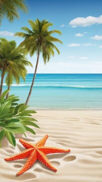 Summer poster background of starfish and palm leaf on beach