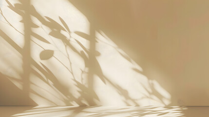 Wall Mural - Minimalistic abstract gentle light beige background for product presentation with light andand intricate shadow from the window and vegetation on wall.