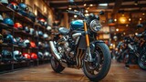 A modern motorcycle prominently displayed in a showroom, highlighted by meticulous design and surrounded by an array of helmets