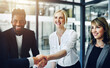 © Donson/peopleimages.com - Handshake, meeting and welcome with business people in boardroom of office for agreement or deal. B2B, partnership and thank you with employee team in workplace for corporate diversity or success