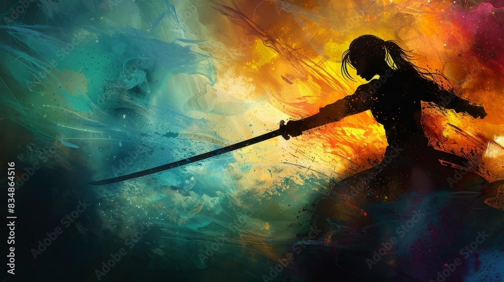 Digital artwork of a fierce woman warrior with a sword, displaying ...