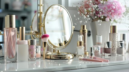 Poster - A close-up of a vanity table with a gold-rimmed mirror surrounded by beauty products, brushes, and a bouquet of pink flowers. Generative AI