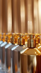 Poster - A close-up shot of a row of golden shampoo and conditioner bottles in a salon setting. Generative AI