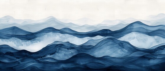 Close-up of mountain range painting in blue watercolor