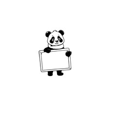 Wall Mural - Cartoon panda holding a signboard black and white svg generative ai