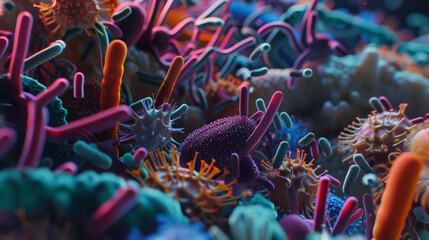 The concept of scientific research of microorganisms, bacteria and viruses. Colorful image of various microbes