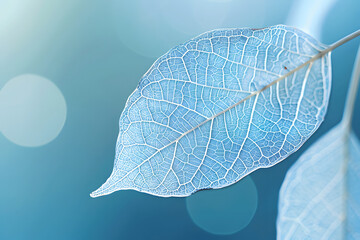 Wall Mural - Beautiful white skeletonized leaf on light blue background with round bokeh. Expressive artistic image of beauty and purity of nature.