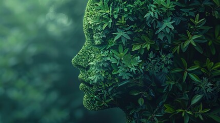 Nature, human connection with nature, environment concept. Human face silhouette made from greenery in forest background with copy space