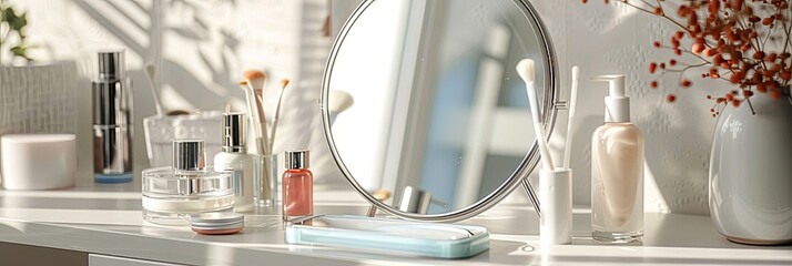 Poster - A tabletop mirror is surrounded by various cosmetic products in a bright and inviting bathroom setting. Generative AI