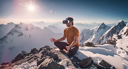 Man doing yoga with VR glasses on the top of a mountain.