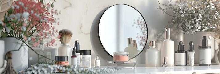 Poster - A close-up view of a vanity table with a circular mirror, surrounded by various cosmetic products and flowers. Generative AI