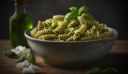 Wall Mural - Tagliatelle pasta with pesto and basil leaves in a bowl, dark background. AI generated.