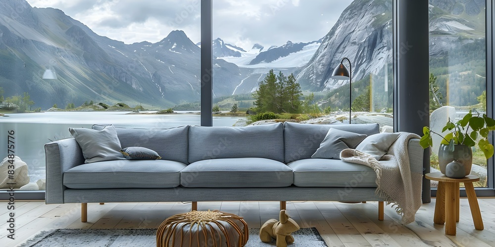 Sofa in modern cozy living room with large window and stunning view ...