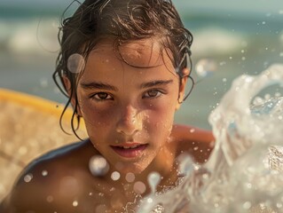 A woman is in the ocean, smiling and holding a surfboard