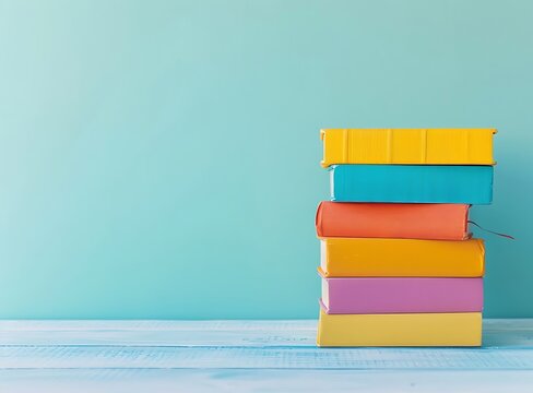 A stack of colorful books on the table against a light blue wall background with copy space for text in the style of stock photo contest winner