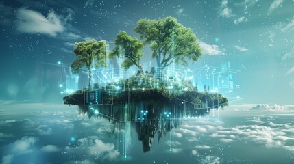 Poster - a floating island in cyberspace with shimmering data streams and holograms embodies dynamic social m