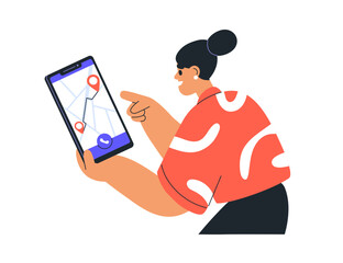 Poster - Planning route, travel, trip concept. Tourist with digital map, GPS on phone screen. Online itinerary, direction, find location, order taxi on smartphone. Flat vector illustration isolated on white