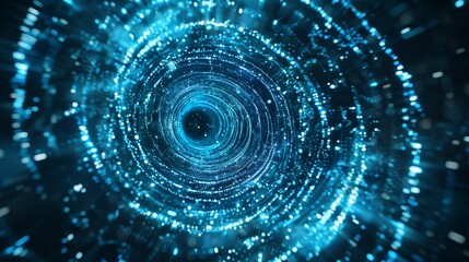 Fototapete - .A circular hologram of blue light on black background, with many lines and circles.