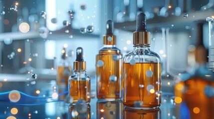 Poster - Close-up of glass bottles filled with serum, featuring droplets of liquid and laboratory tools in the background. Generative AI