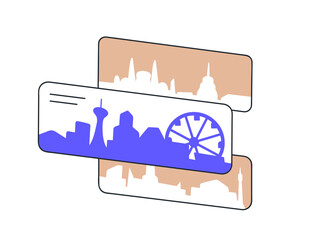 Poster - Cityscape cards, travel landmarks. Sightseeing attractions, famous buildings, urban panoramas. Trip and journey destinations, tourism concept. Flat vector illustration isolated on white background