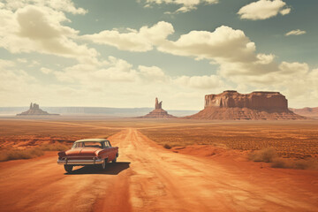 Wall Mural - a vintage car driving on highway with landscape of american’s wild west with desert sandstones.