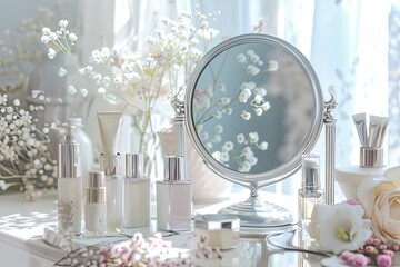 Aufkleber - A silver-framed mirror sits on a vanity table surrounded by bottles and tubes of cosmetic products, with flowers adding a touch of elegance. Generative AI