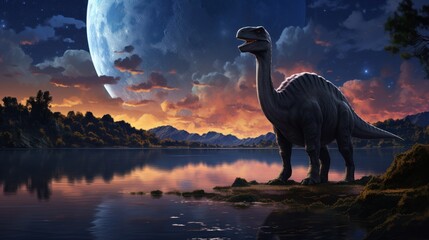 Wall Mural - dinosaur stands in prehistoric environment with giant planet in sky. fantasy. photorealistic.