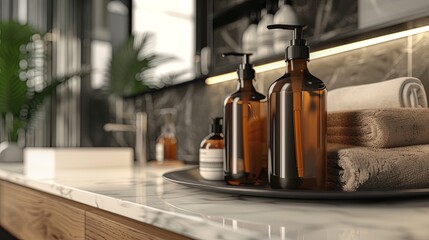 Poster - Close-up of stylish shampoo and conditioner bottles on a marble countertop in a modern bathroom. Generative AI
