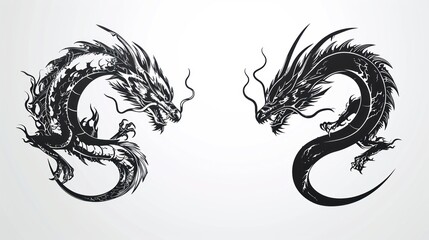 Wall Mural - Black logo stamp design over white background of Chinese zodiac dragon as the mythical animal in Eastern Asia culture.