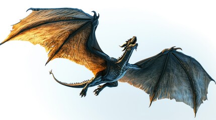 Wall Mural - Powerful dragon flying in sky isolated on white background.