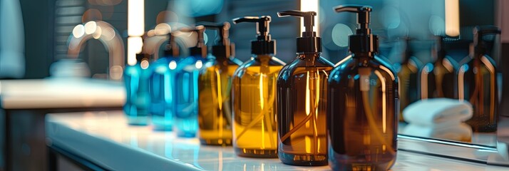 Aufkleber - Rows of stylish shampoo and conditioner bottles on a bathroom countertop. Generative AI
