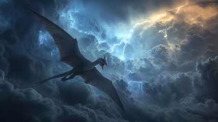 Wall Mural - flying dinosaur, pterodactyl, flying in thunderstorm. photorealistic.