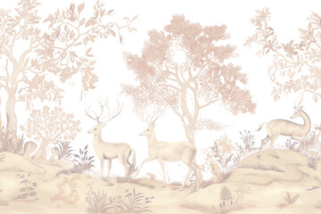 Wall Mural - PNG Deers landscape wallpaper drawing.