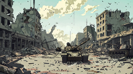 Destruction Unleashed - Vector Art of Tanks Rolling Through Devastated Urban Area