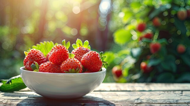 strawberry in a white bowl on a wooden table nature background. Selective focus