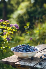 Wall Mural - blueberry in a white bowl on a wooden table nature background. Selective focus