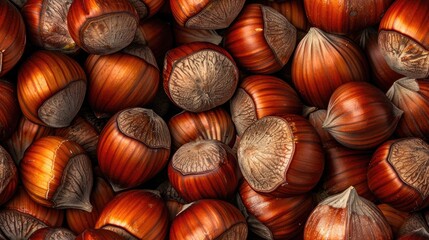 a background of hazelnuts with their shells, showcasing a large number of whole and shelled nuts arranged in an uncountable pattern. SEAMLESS PATTERN